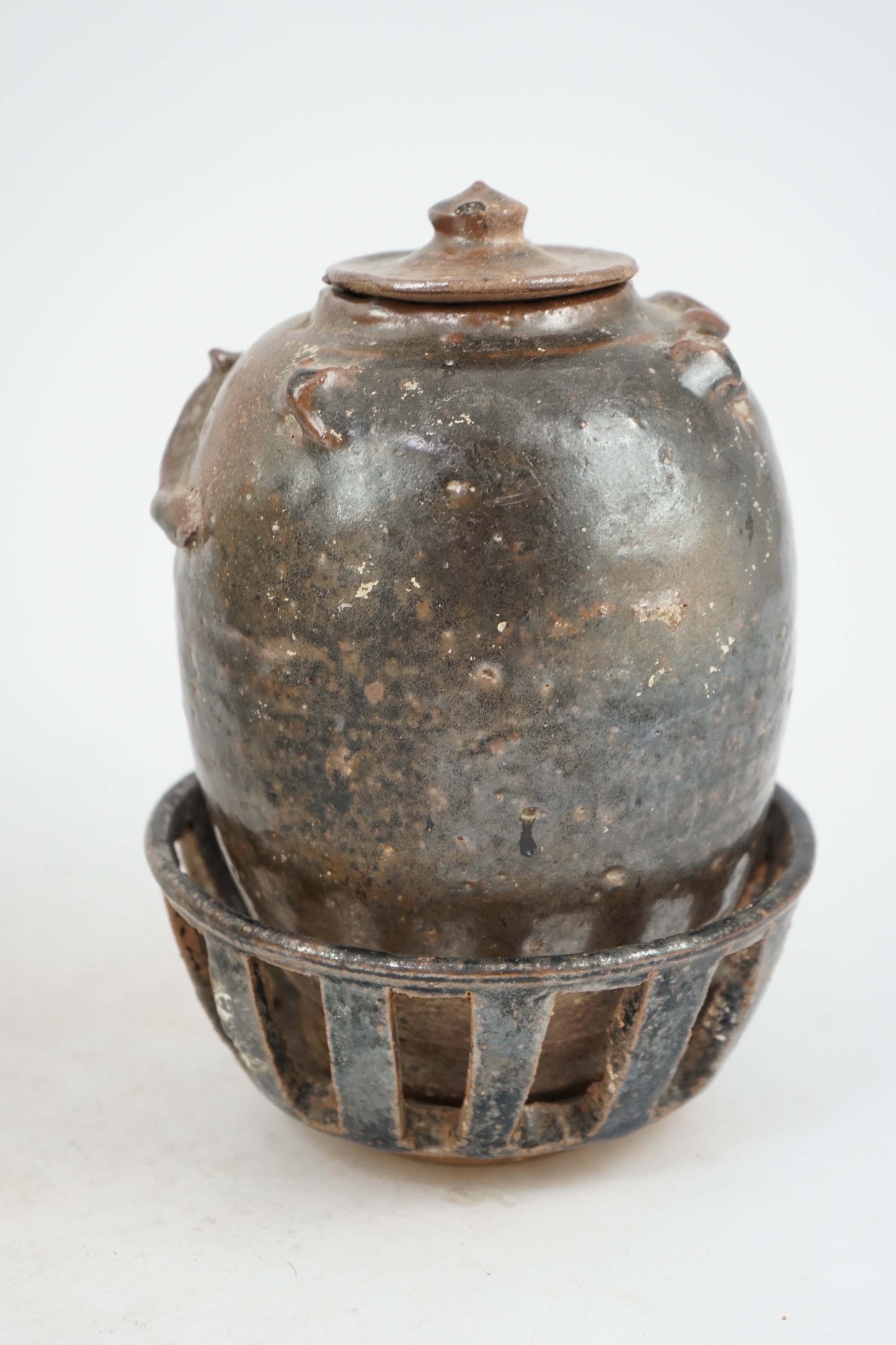 A Chinese Song Dynasty stoneware jar with rare stand and cover, Song Dynasty (AD 960-1279)